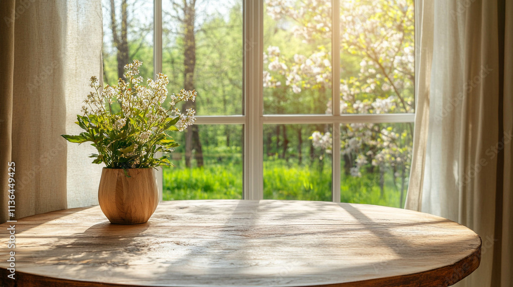 Fototapeta premium Beautiful flower vase on a round wooden table in front of a bright window with a greenery landscape view