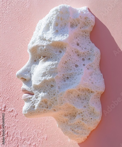 A unique sculptural artwork featuring a foam-like face against a soft pink background, ideal for creative projects, interior design inspiration, or social media aesthetics, photo