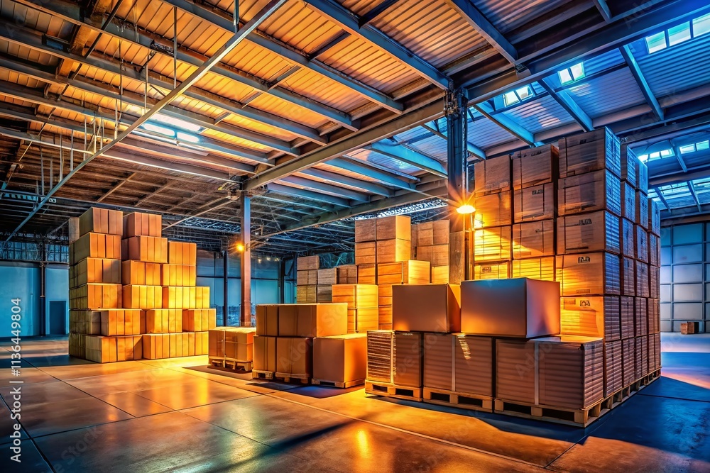 Captivating Low Light Photography of a Lagerhalle Filled with Stacked Cardboard Boxes, Creating an Atmosphere of Mystery and Industrial Charm Captivating Low Light Photography of a Lagerhalle Filled with Stacked Cardboard Boxes, Creating an Atmosphere of Mystery and Industrial Charm