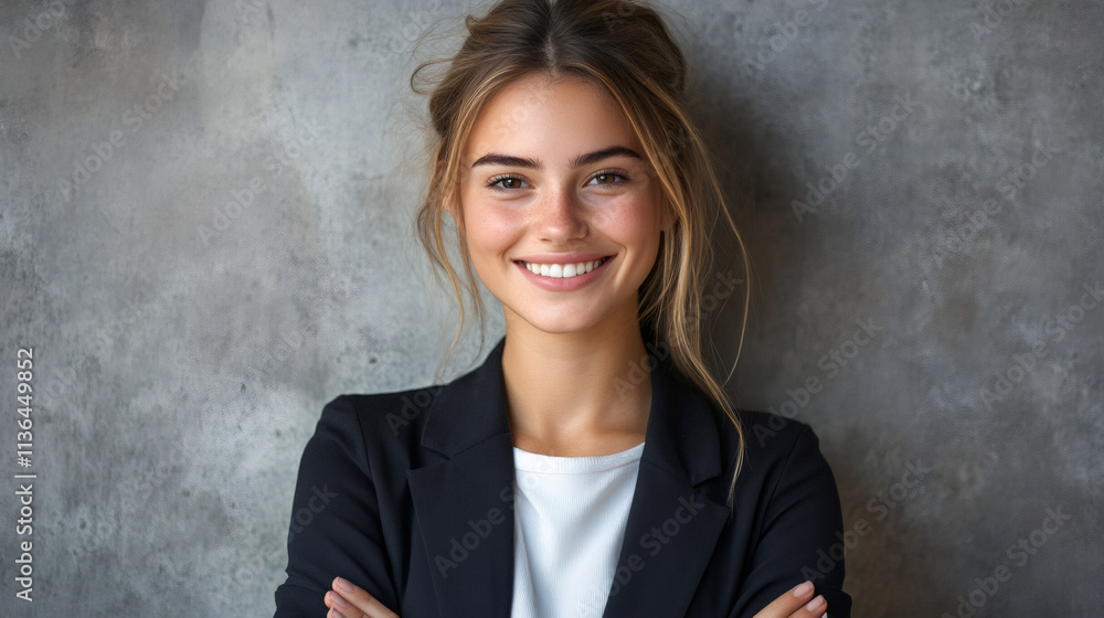 Confident businesswoman with a cheerful smile, standing with crossed arms next to a concrete wall, exuding professionalism Confident businesswoman with a cheerful smile, standing with crossed arms next to a concrete wall, exuding professionalism