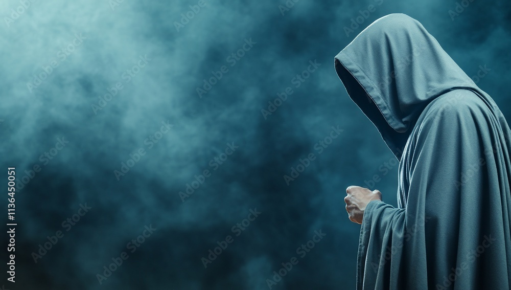 A cloaked figure stands in a misty atmosphere, evoking mystery. A cloaked figure stands in a misty atmosphere, evoking mystery.
