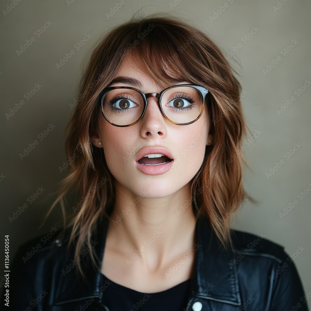 Fototapeta premium A surprised girl in glasses with a neutral mood on an isolated background