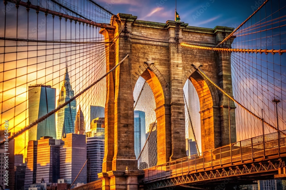 Fototapeta premium Captivating Morning Light on Brooklyn Bridge Tower: A Macro Photography Perspective Showcasing Architectural Details and Urban Beauty in New York City