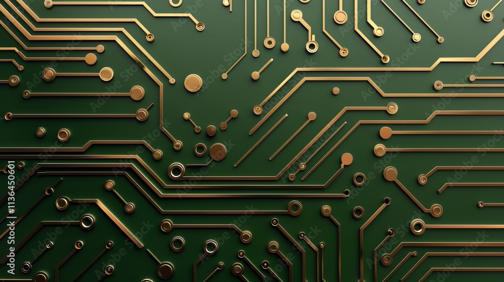An intricate circuit board design featuring gold lines and dots on a deep green background, representing technological innovation and connectivity. circuitboard pattern design background An intricate circuit board design featuring gold lines and dots on a deep green background, representing technological innovation and connectivity. circuitboard pattern design background