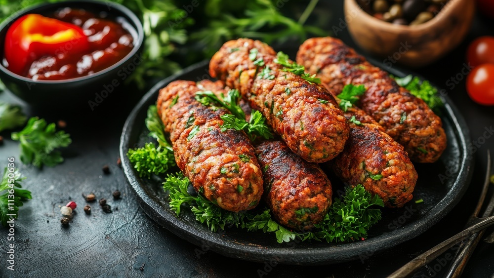 Savory grilled sausages garnished with herbs on a dark plate Savory grilled sausages garnished with herbs on a dark plate