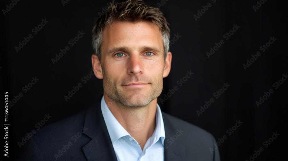 Middle-aged businessman exudes confidence in a suit against a dark background in a portrait Middle-aged businessman exudes confidence in a suit against a dark background in a portrait