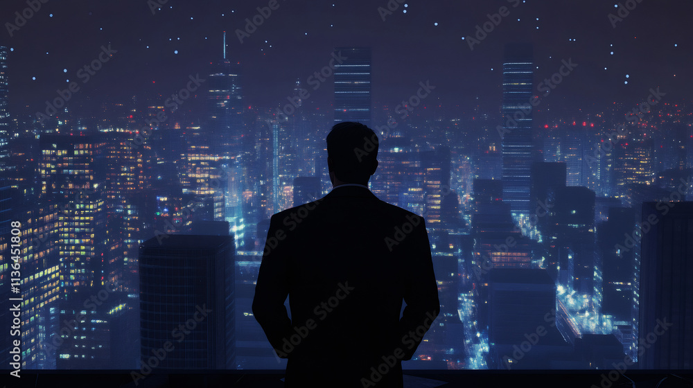 Businessman gazing at a stunning cityscape at night from a high rise building, with a backdrop of twinkling stars Businessman gazing at a stunning cityscape at night from a high rise building, with a backdrop of twinkling stars