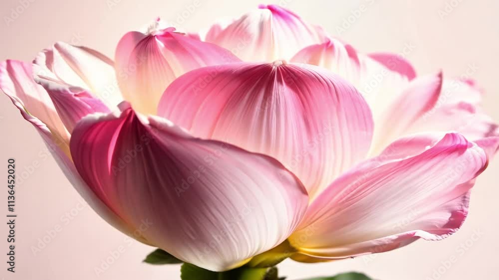 Timelapse video reveals a blooming peony texture featuring rich pinks and whites with full, layered patterns, soft lighting captures the opulent and romantic beauty of the peonies Timelapse video reveals a blooming peony texture featuring rich pinks and whites with full, layered patterns, soft lighting captures the opulent and romantic beauty of the peonies