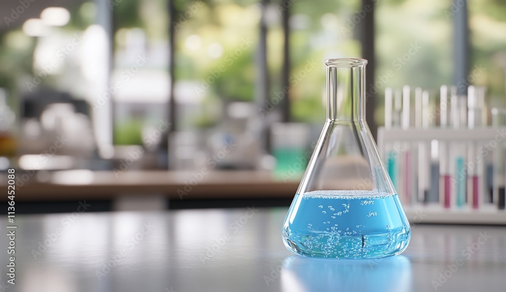 A laboratory flask containing a blue liquid, surrounded by scientific equipment. A laboratory flask containing a blue liquid, surrounded by scientific equipment.