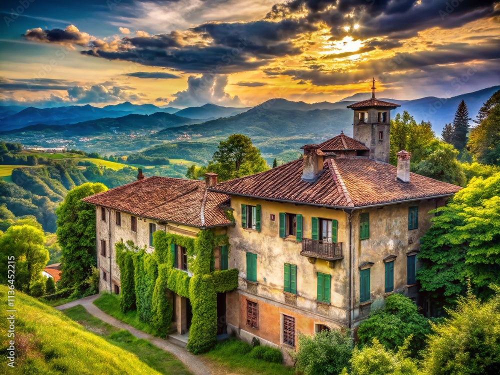 Naklejka premium Captivating View of an Old Building in the Outskirts of Milan, Italy Surrounded by Nature and Historical Charm, Perfect for Architectural and Travel Photography Enthusiasts