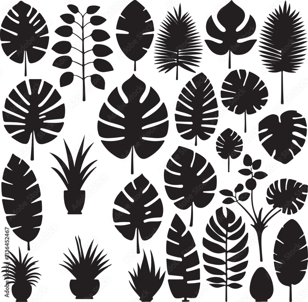 Cartoon tropical plant silhouettes vector illustration set. Includes various exotic leaves with funky and groovy decorative elements. Ideal for design projects, this collection offers a unique botanic Cartoon tropical plant silhouettes vector illustration set. Includes various exotic leaves with funky and groovy decorative elements. Ideal for design projects, this collection offers a unique botanic