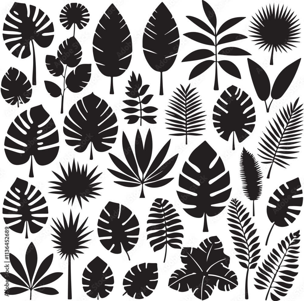 Cartoon tropical plant silhouettes vector illustration set. Includes various exotic leaves with funky and groovy decorative elements. Ideal for design projects, this collection offers a unique botanic Cartoon tropical plant silhouettes vector illustration set. Includes various exotic leaves with funky and groovy decorative elements. Ideal for design projects, this collection offers a unique botanic