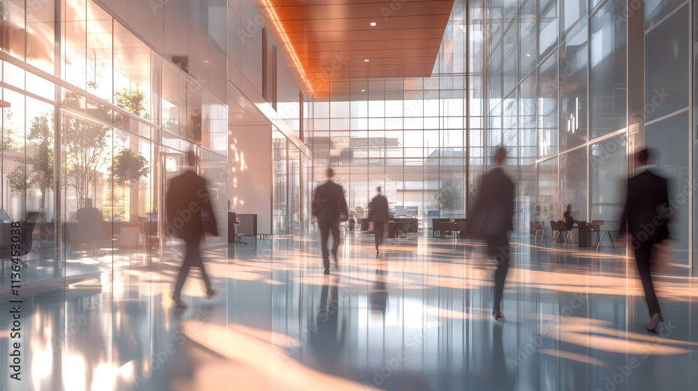 Businesspeople are walking in the lobby of a modern office building with glass walls and warm sunlight Businesspeople are walking in the lobby of a modern office building with glass walls and warm sunlight