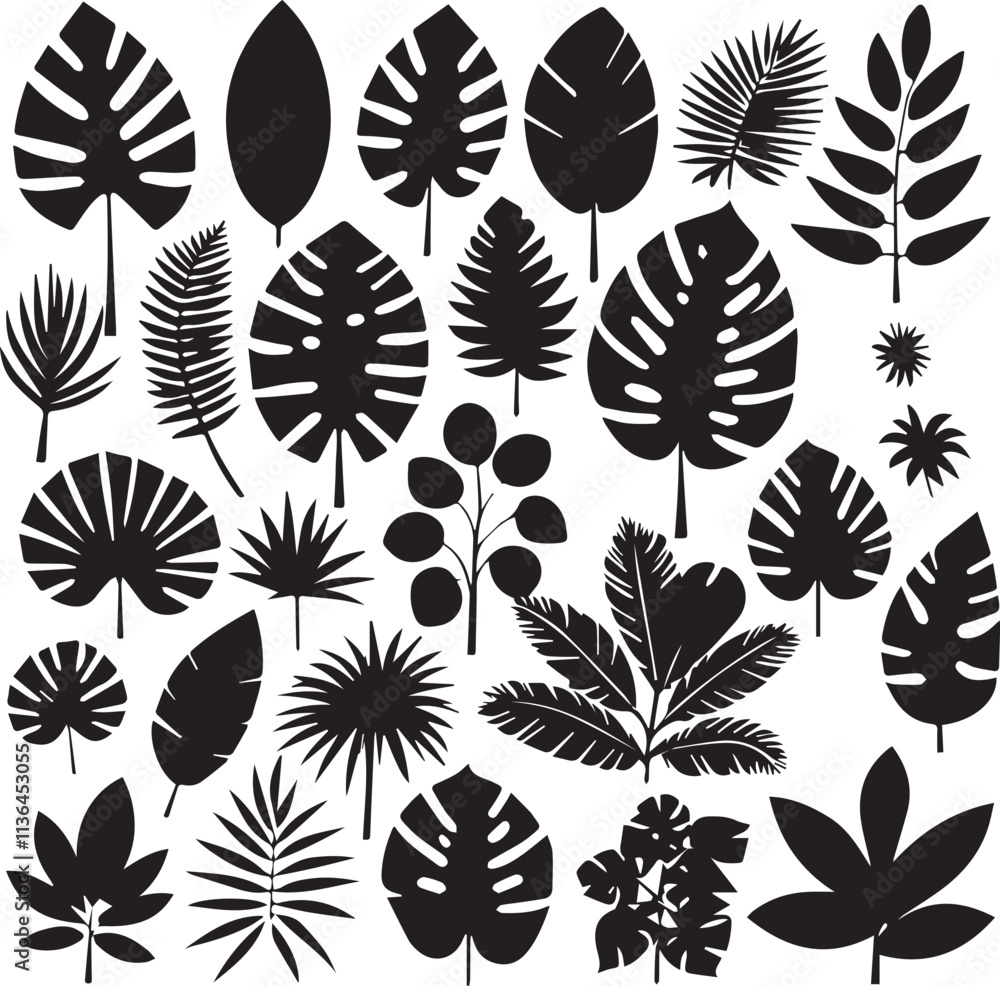 Cartoon tropical plant silhouettes vector illustration set. Includes various exotic leaves with funky and groovy decorative elements. Ideal for design projects, this collection offers a unique botanic Cartoon tropical plant silhouettes vector illustration set. Includes various exotic leaves with funky and groovy decorative elements. Ideal for design projects, this collection offers a unique botanic