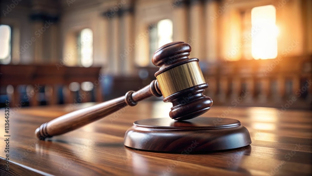 Wooden Gavel on Polished Surface in Courtroom Setting Wooden Gavel on Polished Surface in Courtroom Setting