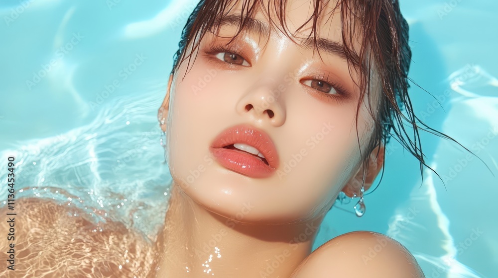 Woman enjoying refreshing blue pool on a summer vacation, picture of relaxation and leisure. Woman enjoying refreshing blue pool on a summer vacation, picture of relaxation and leisure.