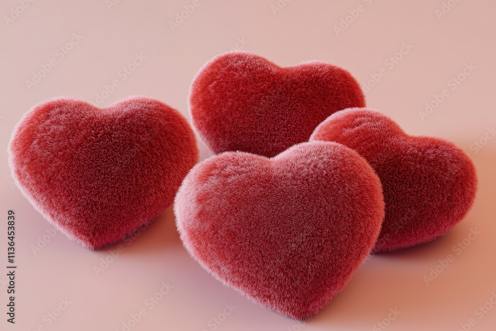 Four Fluffy Red Hearts on Pink Background Four Fluffy Red Hearts on Pink Background