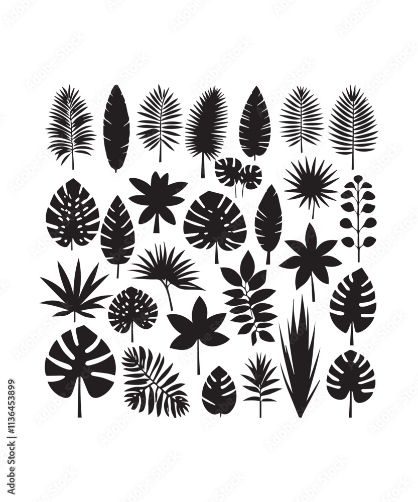 Cartoon tropical plant silhouettes vector illustration set. Includes various exotic leaves with funky and groovy decorative elements. Ideal for design projects, this collection offers a unique botanic Cartoon tropical plant silhouettes vector illustration set. Includes various exotic leaves with funky and groovy decorative elements. Ideal for design projects, this collection offers a unique botanic