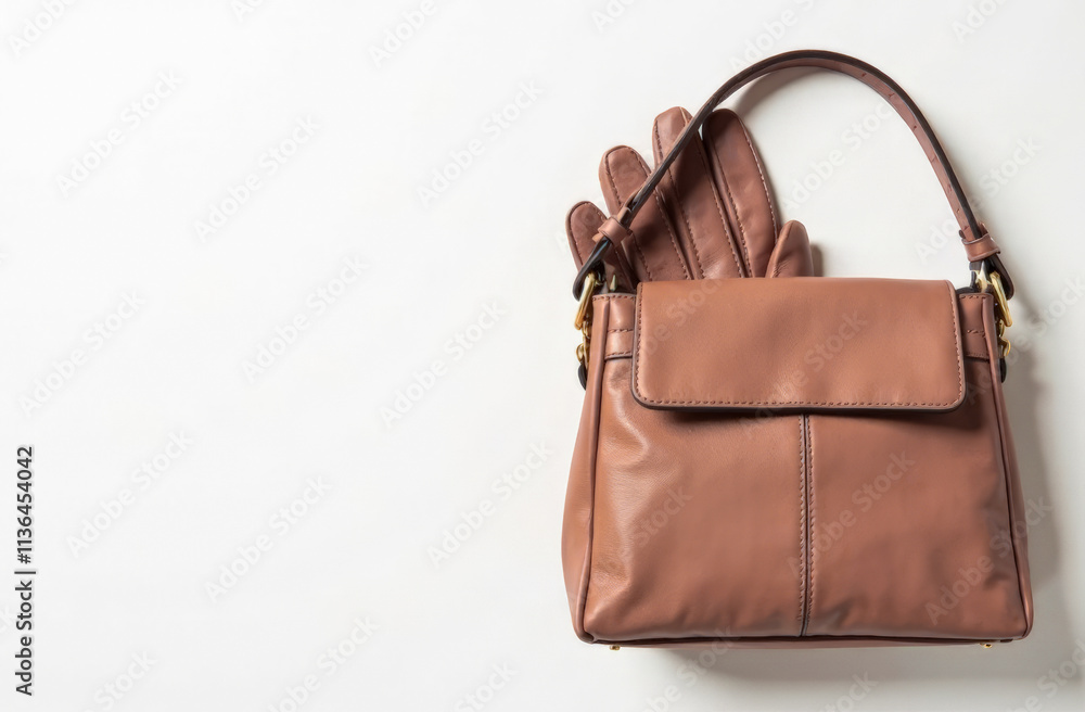 Naklejka premium elegant women's gloves and handbag in mocha mousse color on a white background. fashion trends in clothing and accessories