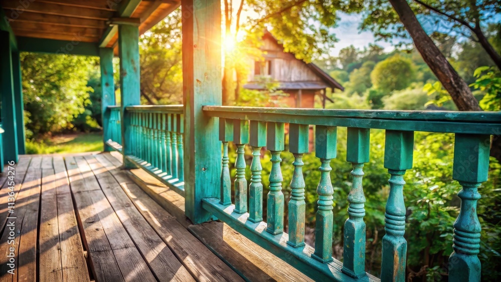 Rustic wooden porch with teal railing bathed in warm sunlight, overlooking a verdant landscape Rustic wooden porch with teal railing bathed in warm sunlight, overlooking a verdant landscape