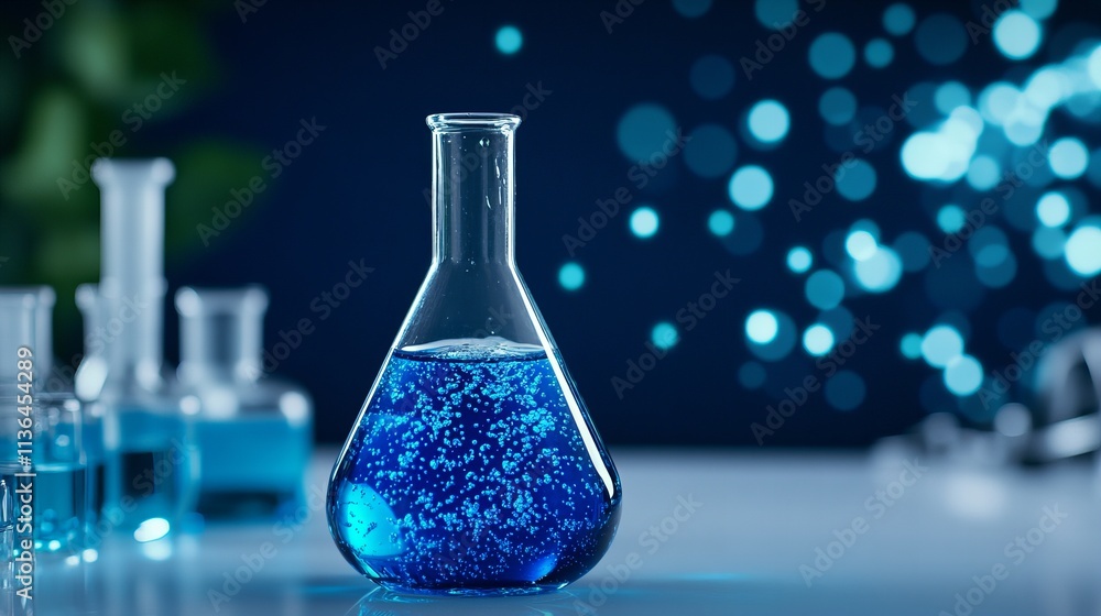 A clear glass flask filled with blue liquid and bubbles, surrounded by laboratory glassware on a blurred blue background. A clear glass flask filled with blue liquid and bubbles, surrounded by laboratory glassware on a blurred blue background.