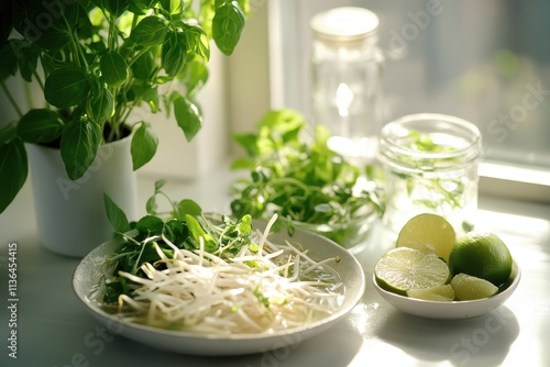 A fresh arrangement of herbs, bean sprouts, and citrus, emphasizing healthy cooking ingredients. photo