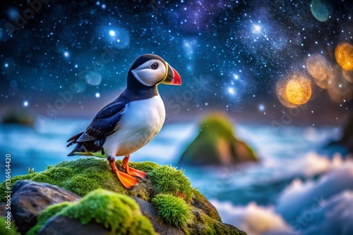 Charming Puffin on a Mossy Rock by the Shimmering Sea at Night, Surrounded by Soft Sunlight and a Peaceful Atmosphere Ideal for Nature Lovers and Wildlife Enthusiasts