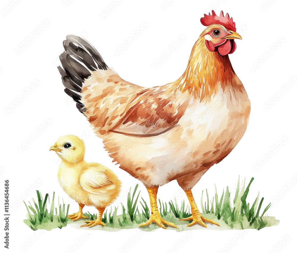 Fototapeta premium Chicken and Chick Illustration on Grass