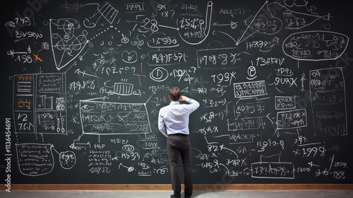 A student is engaging in an analysis of data displayed on a chalkboard within a classroom setting. A young man solves a difficult task during a lecture at the university. Back view