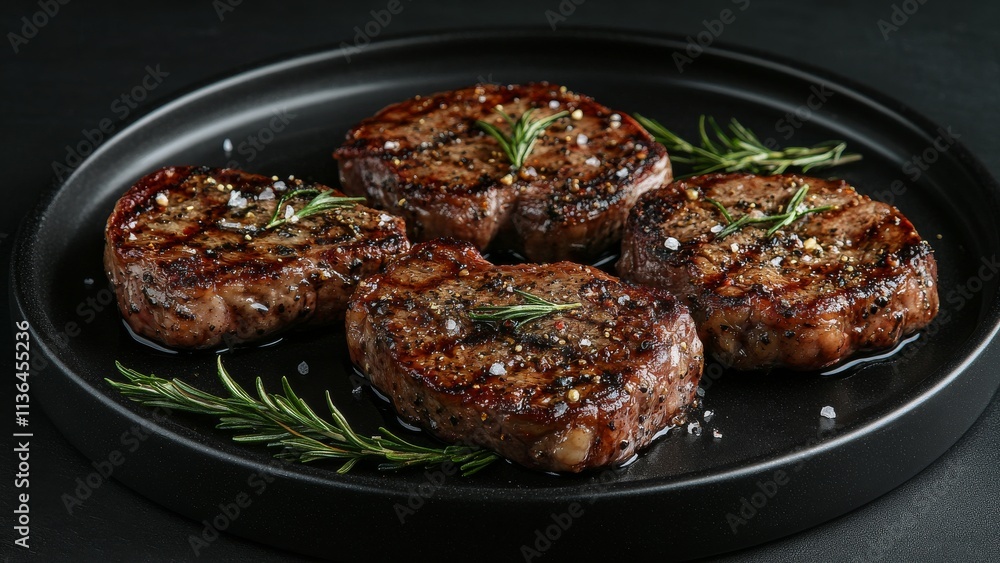 Juicy grilled steaks garnished with rosemary on black plate Juicy grilled steaks garnished with rosemary on black plate