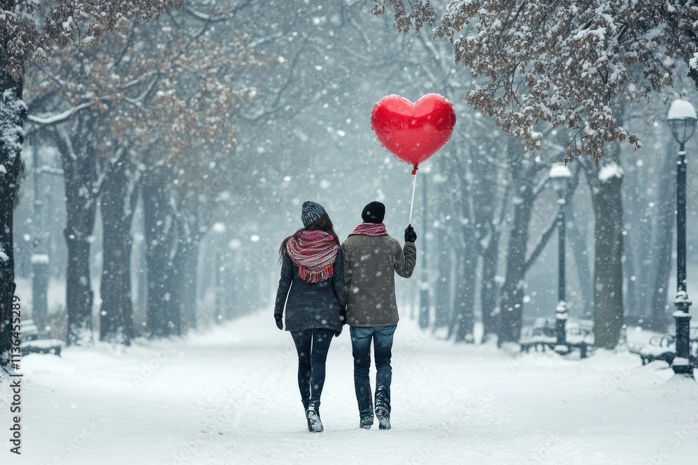Couple walking in snowy park holding red heart balloon Couple walking in snowy park holding red heart balloon