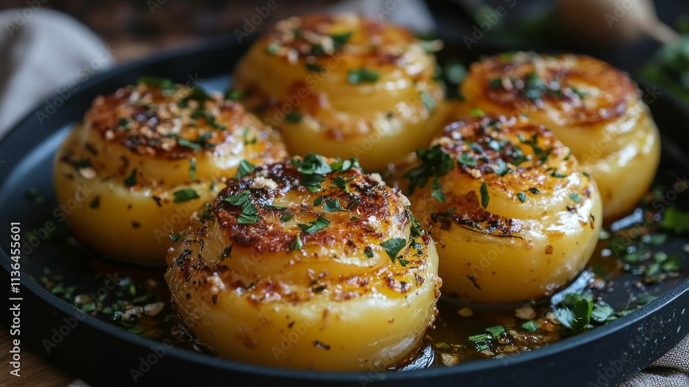 Savory roasted onions topped with herbs and spices in a skillet Savory roasted onions topped with herbs and spices in a skillet