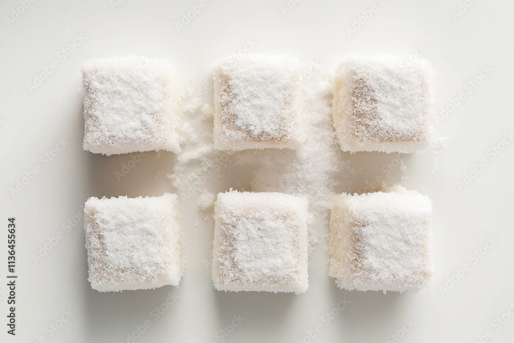 Freshly Made Delicious Lamingtons on White Background Freshly Made Delicious Lamingtons on White Background