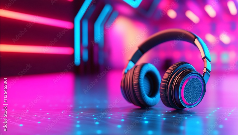 A pair of headphones on a vibrant, illuminated surface. A pair of headphones on a vibrant, illuminated surface.