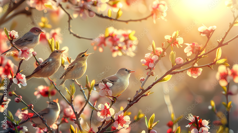 Birdsong at Dawn: A symphony of chirping birds perched amidst a breathtaking array of blossoming peach branches, bathed in the warm golden light of sunrise. Birdsong at Dawn: A symphony of chirping birds perched amidst a breathtaking array of blossoming peach branches, bathed in the warm golden light of sunrise.