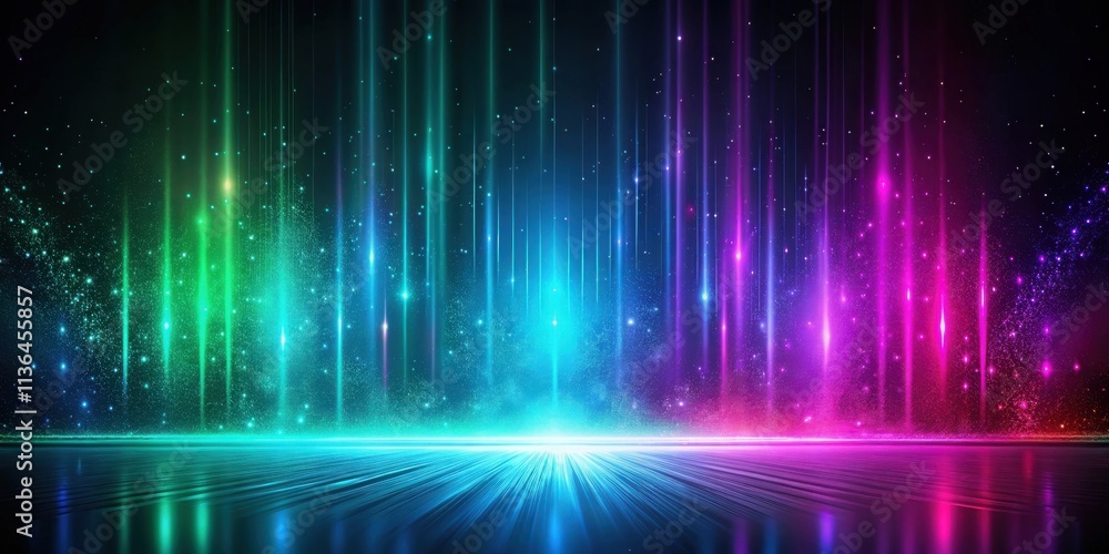Abstract Neon Lightscape Vibrant Glowing Lines and Sparkling Dust on Reflective Surface Abstract Neon Lightscape Vibrant Glowing Lines and Sparkling Dust on Reflective Surface
