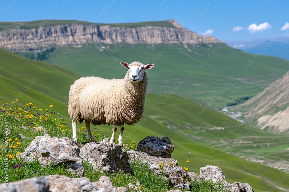 Obraz premium A flock of ewes climbing a rocky hillside, with vibrant wildflowers dotting the landscape