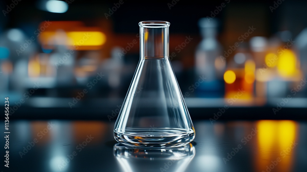 A clear glass laboratory flask is centered on a reflective surface, surrounded by blurred laboratory equipment. A clear glass laboratory flask is centered on a reflective surface, surrounded by blurred laboratory equipment.