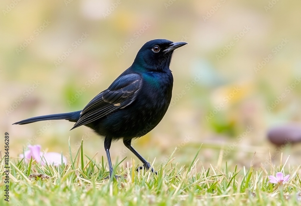 A shiny cowbird walks on a grassy field with pink flowers A shiny cowbird walks on a grassy field with pink flowers