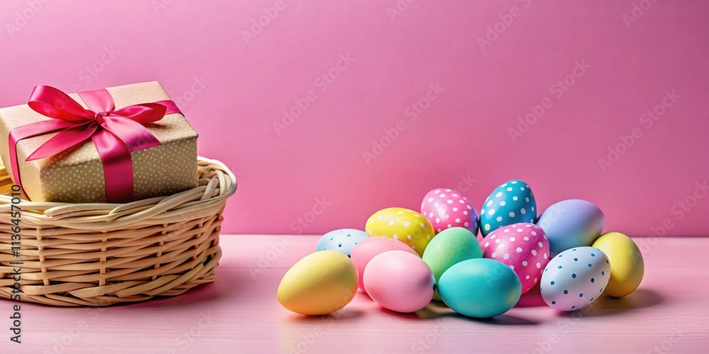 A pastel-colored gift sits in a wicker basket next to a delightful pile of colorful decorated eggs on a pink surface. A pastel-colored gift sits in a wicker basket next to a delightful pile of colorful decorated eggs on a pink surface.