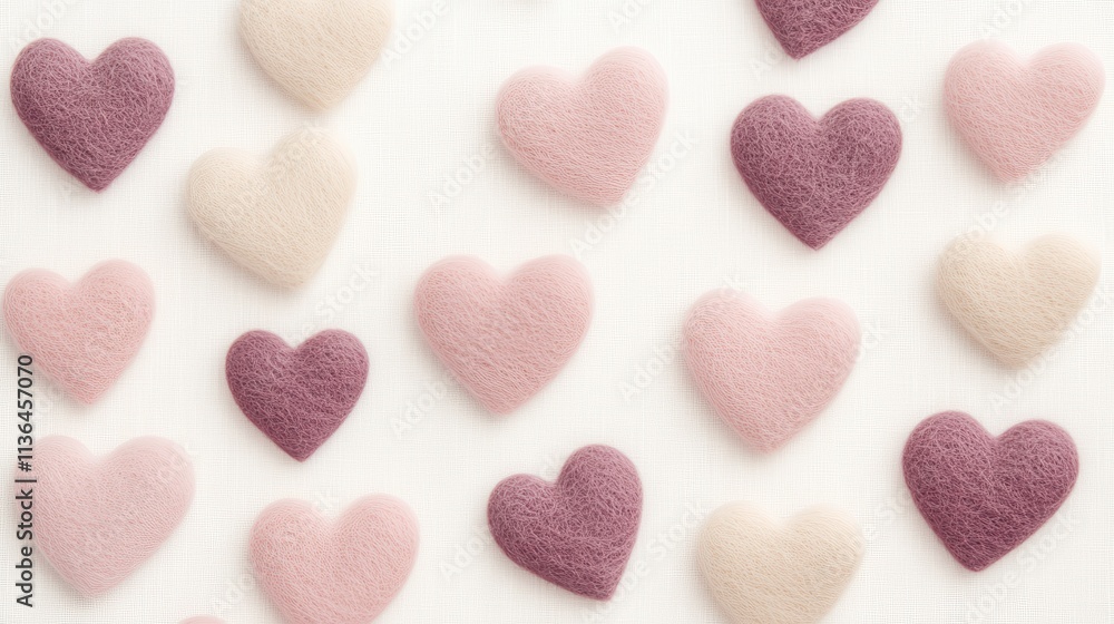 Fototapeta premium Pink and mauve felt hearts arranged on white background