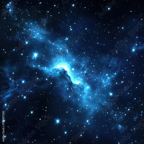 Glowing blue nebula in dark space with stars.