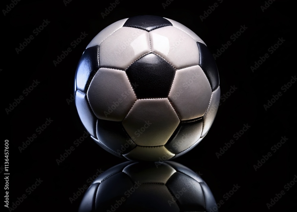 Fototapeta premium Classic Black and White Soccer Ball Reflection - Dark Background Portrait Photography