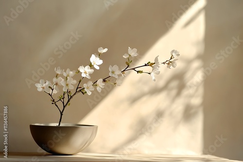 A minimalist still life with a blossoming cherry branch in a ceramic vase