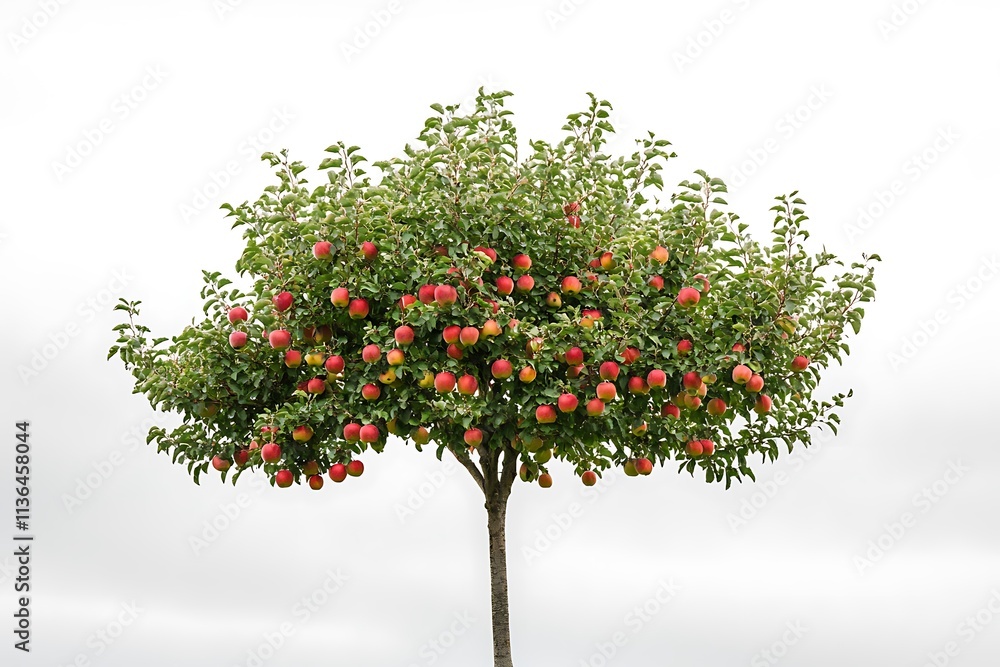 Fototapeta premium An apple tree laden with ripe red apples against a white sky.