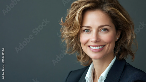 Studio headshot of a smiling businesswoman exuding confidence and success, conveying professionalism and leadership in corporate setting