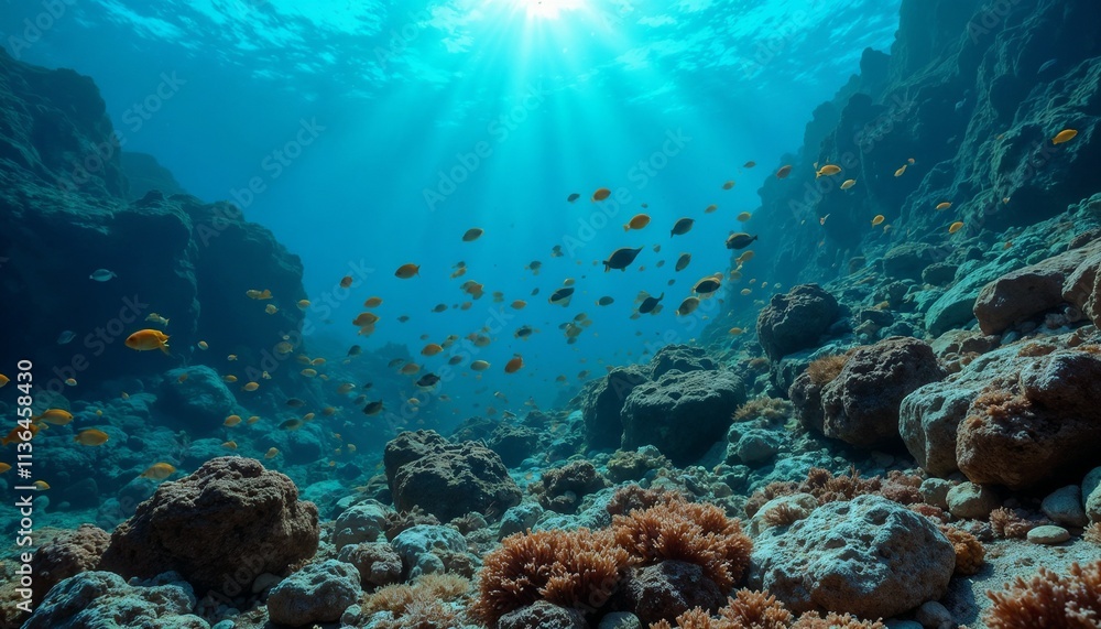Fototapeta premium Realistic reef view with glassfish shoal near coral rocks.