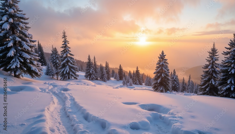 Peaceful snowy field at sunrise with evergreen trees and fog. Peaceful snowy field at sunrise with evergreen trees and fog.