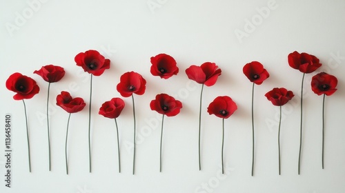 Red poppies arranged in a neat horizontal row photo