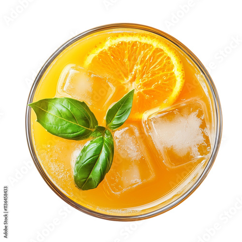 Glass of Cold Orange Juice with Ice Cubes and Basil Leaves Isolated on White and Transparent Background, Top View photo